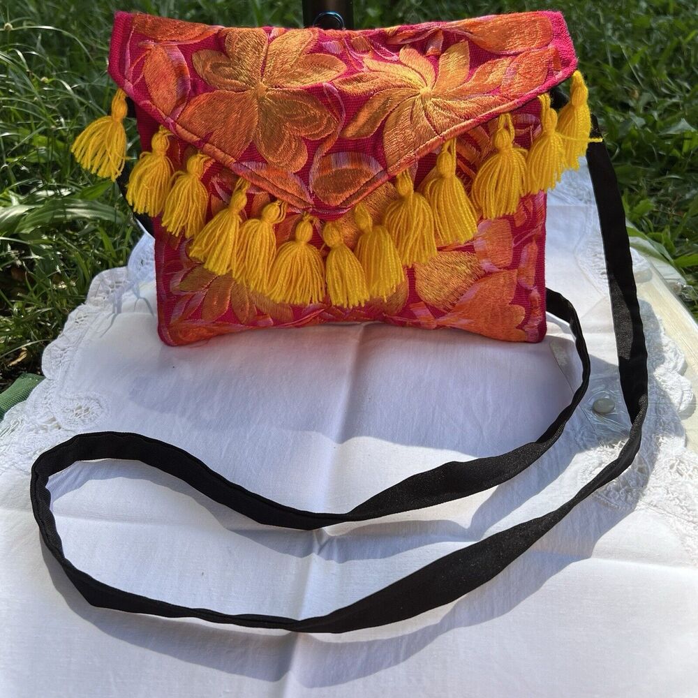 Guatemala Authentic Handmade Embroidery Multicolor Tassel Shoulder Bag